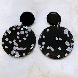 Black Acrylic White Iridescent Earrings